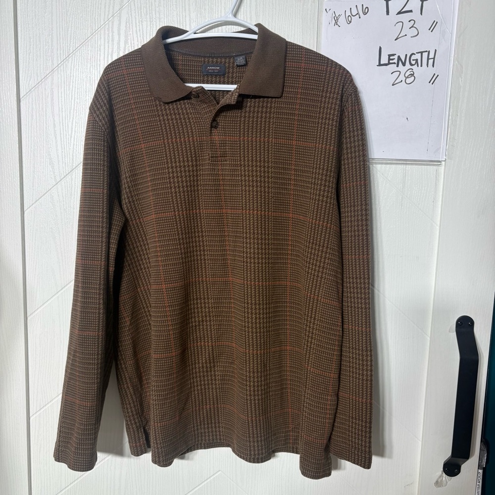Arrow Men's Long Sleeve‎ Plaid Polo Shirt Brown Houndstooth Glen Check Size L